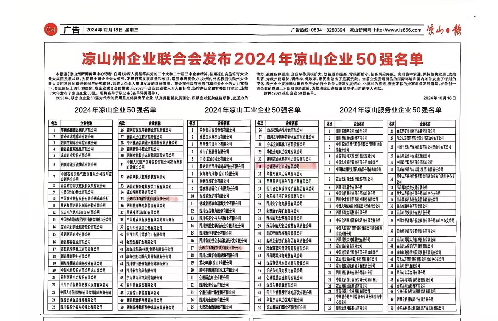 喜報(bào)！聯(lián)鑫礦業(yè)會(huì)理區(qū)域雙星閃耀，共登涼山工業(yè)企業(yè)50強(qiáng)榜單(圖2)